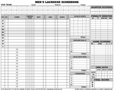 Glover's Mens Lacrosse Scorebook - 26 Games - Image 2