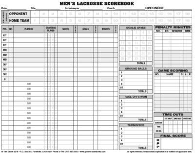 Glover's Mens Lacrosse Scorebook - 26 Games - Image 3